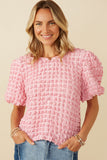 HY7507W Pink Plus Waffle Textured Puff Sleeve Top Back