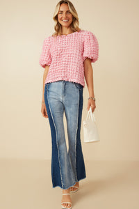 HY7507W Navy Plus Waffle Textured Puff Sleeve Top Front