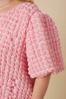 HY7507 Pink Womens Waffle Textured Puff Sleeve Top Gif