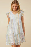 HY7511 Sage Mix Womens Crochet Lace Textured Print Block Ruffle Sleeve Dress Front
