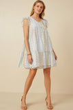 HY7511 Sage Mix Womens Crochet Lace Textured Print Block Ruffle Sleeve Dress Full Body