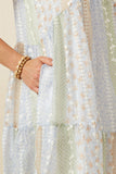 HY7511 Sage Mix Womens Crochet Lace Textured Print Block Ruffle Sleeve Dress Detail