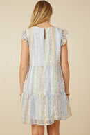 HY7511 Sage Mix Womens Crochet Lace Textured Print Block Ruffle Sleeve Dress Back