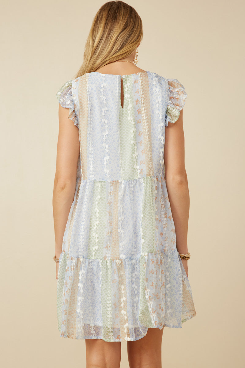 HY7511 Sage Mix Womens Crochet Lace Textured Print Block Ruffle Sleeve Dress Back