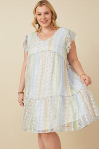 HY7511W Sage Mix Plus Crochet Lace Textured Print Block Ruffle Sleeve Dress Front