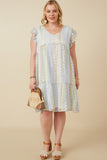 HY7511W Sage Mix Plus Crochet Lace Textured Print Block Ruffle Sleeve Dress Gif