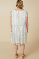 HY7511W Sage Mix Plus Crochet Lace Textured Print Block Ruffle Sleeve Dress Detail