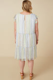HY7511W Sage Mix Plus Crochet Lace Textured Print Block Ruffle Sleeve Dress Detail