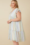 HY7511W Sage Mix Plus Crochet Lace Textured Print Block Ruffle Sleeve Dress Back