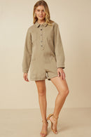 HY7516 Sage Womens Button Up Cargo Pocket Long Sleeve Romper Gif