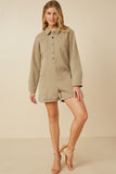HY7516 Sage Womens Button Up Cargo Pocket Long Sleeve Romper Gif
