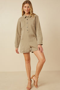 HY7516 Sage Womens Button Up Cargo Pocket Long Sleeve Romper Gif