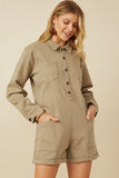HY7516 Sage Womens Button Up Cargo Pocket Long Sleeve Romper Back