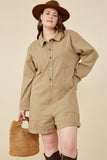 HY7516W Sage Plus Button Up Cargo Pocket Long Sleeve Romper Pose