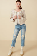 HY7517 Taupe Womens Floral Embroidered Textured Knit Cardigan Gif
