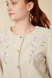 HY7517 Taupe Womens Floral Embroidered Textured Knit Cardigan Full Body