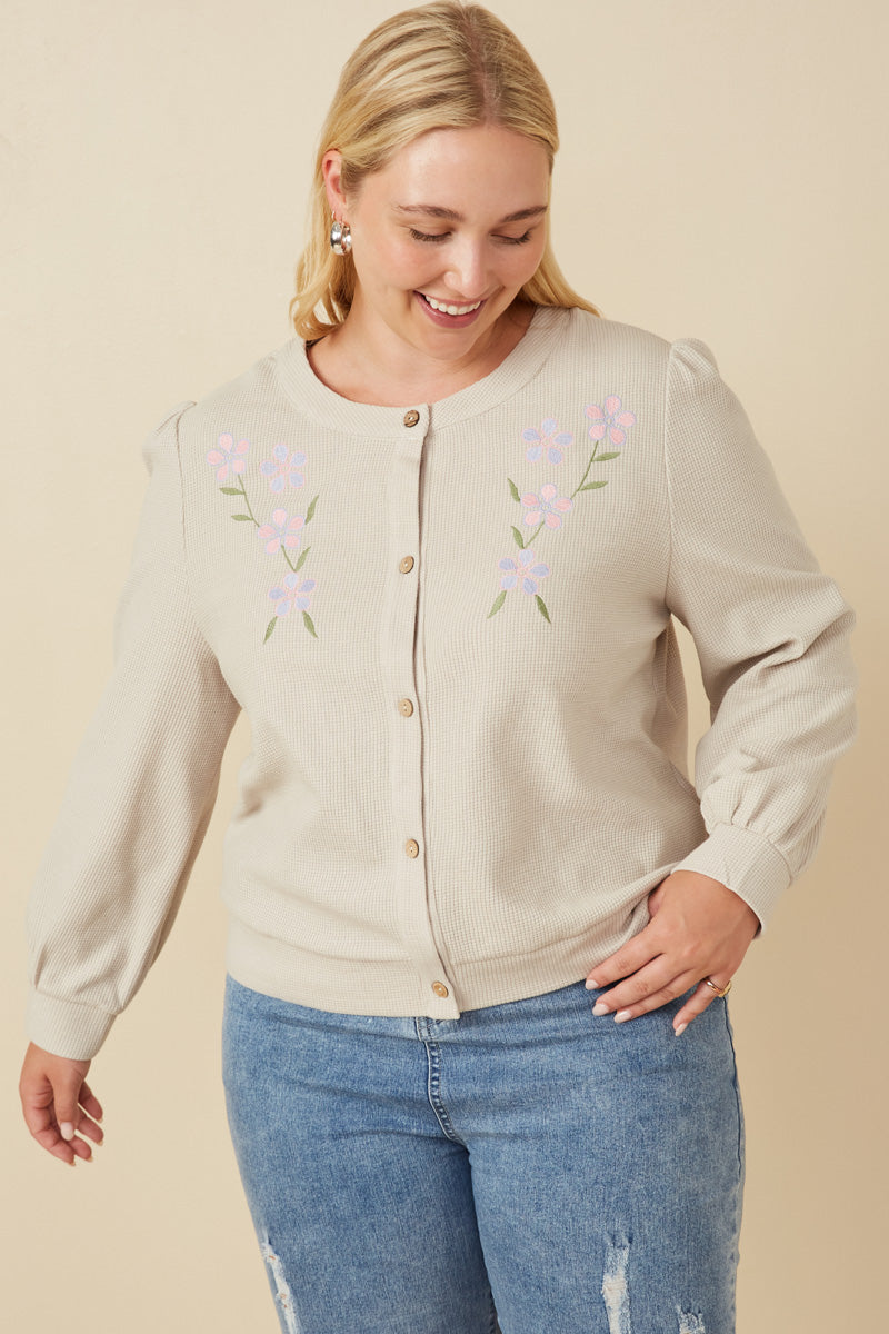 Floral Embroidered Textured Knit Cardigan