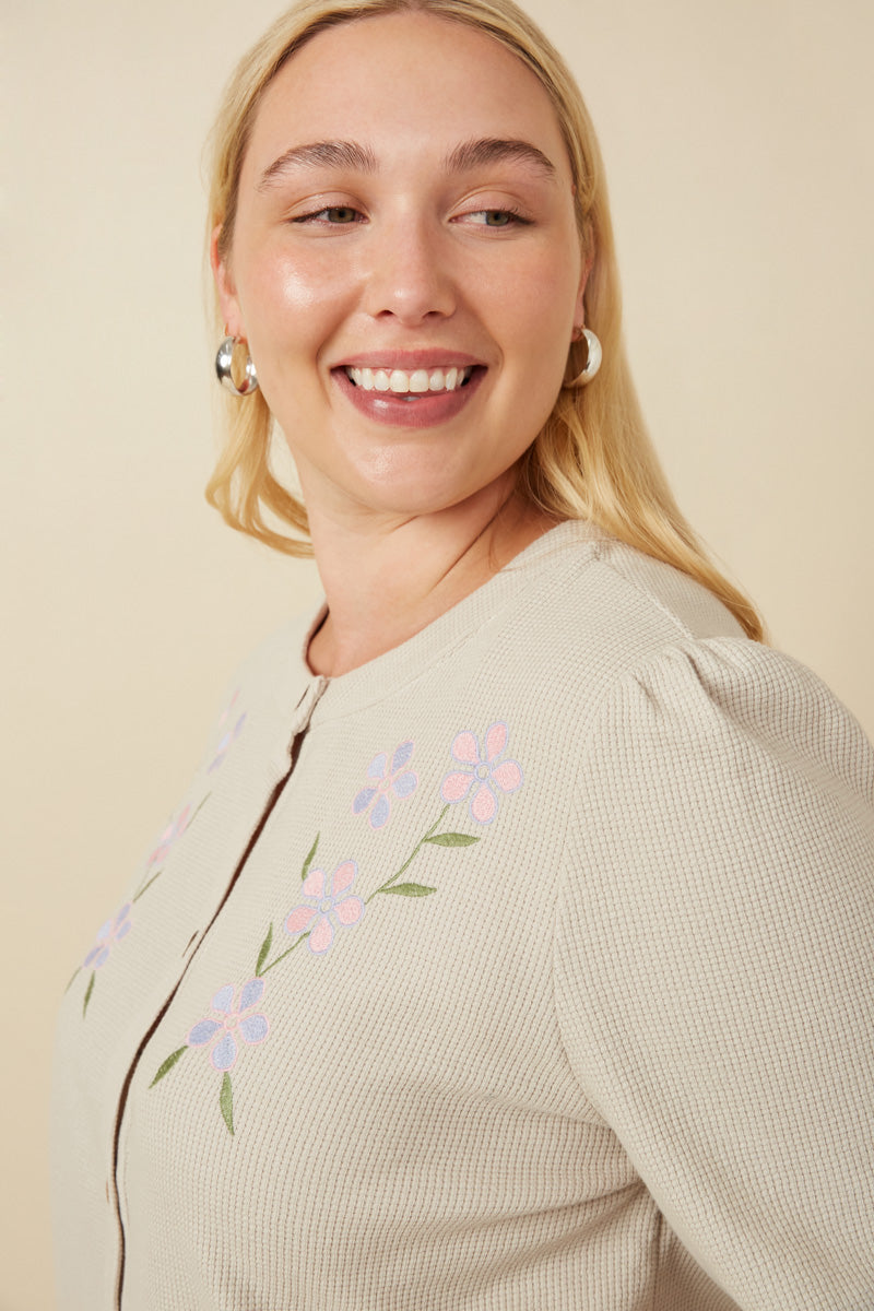 HY7517W Taupe Plus Floral Embroidered Textured Knit Cardigan Gif
