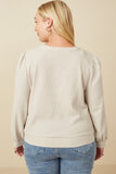 HY7517W Taupe Plus Floral Embroidered Textured Knit Cardigan Full Body