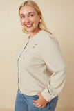 HY7517W Taupe Plus Floral Embroidered Textured Knit Cardigan Detail