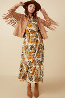 HY7519 Taupe Womens Bold Floral Print Long Sleeve Tie Detail Maxi Dress Full Body