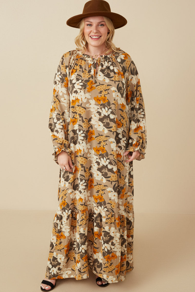 Bold Floral Print Long Sleeve Tie Detail Maxi Dress
