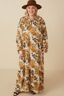 HY7519W Taupe Plus Bold Floral Print Long Sleeve Tie Detail Maxi Dress Full Body