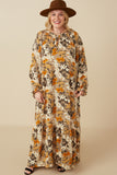 HY7519W Taupe Plus Bold Floral Print Long Sleeve Tie Detail Maxi Dress Full Body