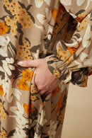 HY7519W Taupe Plus Bold Floral Print Long Sleeve Tie Detail Maxi Dress Gif