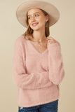 HY7522 Blush Womens Mohair V Neck Sweater Top Front