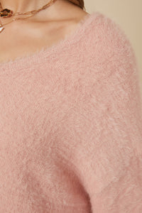 HY7522 Blush Womens Mohair V Neck Sweater Top Full Body