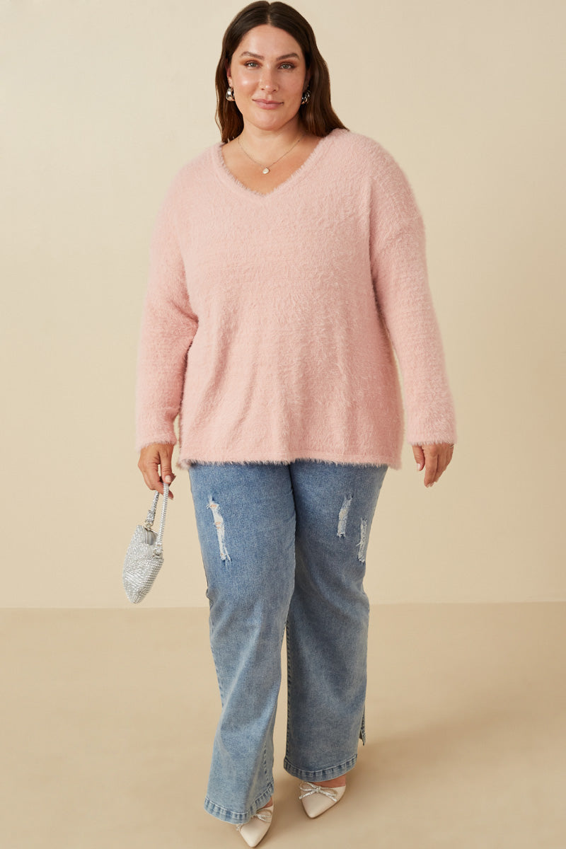 HY7522W Blush Plus Mohair V Neck Sweater Top Gif