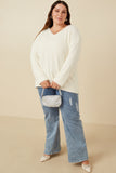 HY7522W Ivory Plus Mohair V Neck Sweater Top Detail