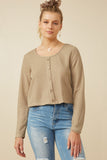 HY7525 Taupe Womens Lightweight Knit Button Detail Scoop Neck Top Front