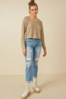 HY7525 Taupe Womens Lightweight Knit Button Detail Scoop Neck Top Gif