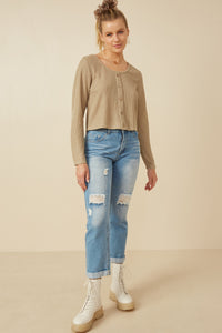 HY7525 Taupe Womens Lightweight Knit Button Detail Scoop Neck Top Gif