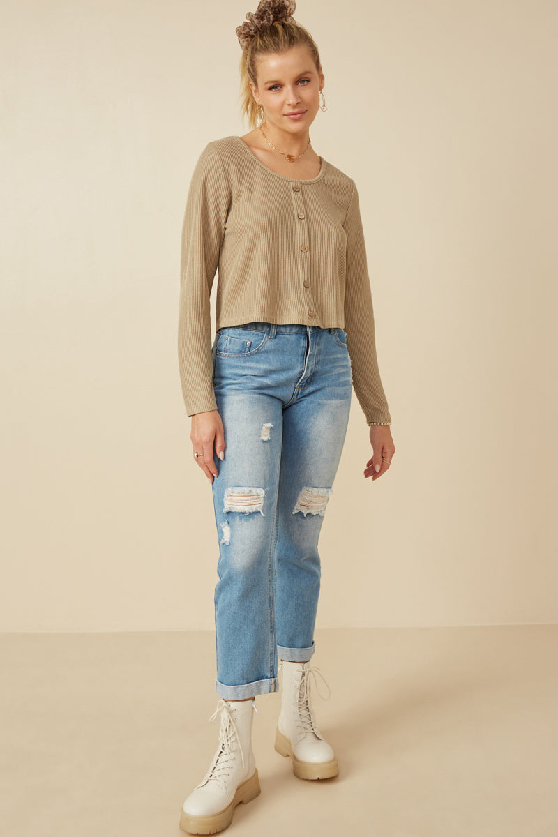 HY7525 Taupe Womens Lightweight Knit Button Detail Scoop Neck Top Gif