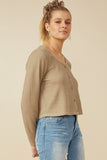 HY7525 Taupe Womens Lightweight Knit Button Detail Scoop Neck Top Full Body