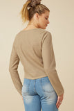 HY7525 Taupe Womens Lightweight Knit Button Detail Scoop Neck Top Side
