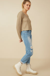 HY7525 Taupe Womens Lightweight Knit Button Detail Scoop Neck Top Side 2