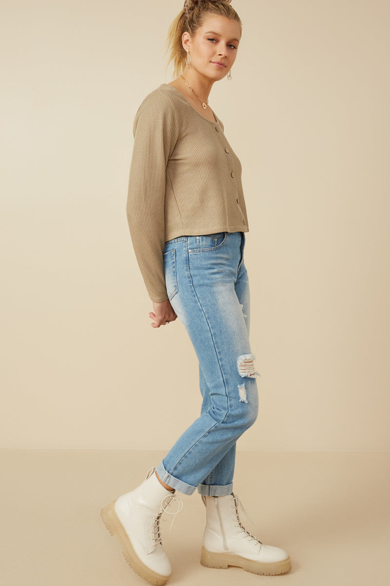 HY7525 Taupe Womens Lightweight Knit Button Detail Scoop Neck Top Side 2