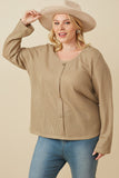 HY7525W Taupe Plus Lightweight Knit Button Detail Scoop Neck Top Front