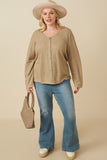HY7525 Taupe Womens Lightweight Knit Button Detail Scoop Neck Top Side 2