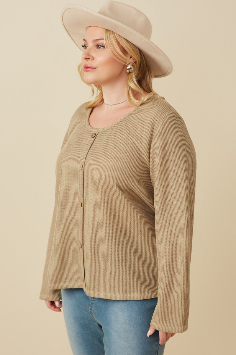HY7525W Taupe Plus Lightweight Knit Button Detail Scoop Neck Top Gif