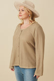 HY7525W Taupe Plus Lightweight Knit Button Detail Scoop Neck Top Gif