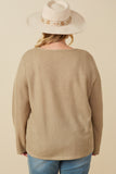 HY7525W Taupe Plus Lightweight Knit Button Detail Scoop Neck Top Full Body