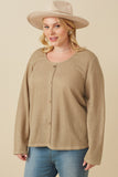 HY7525W Taupe Plus Lightweight Knit Button Detail Scoop Neck Top Side