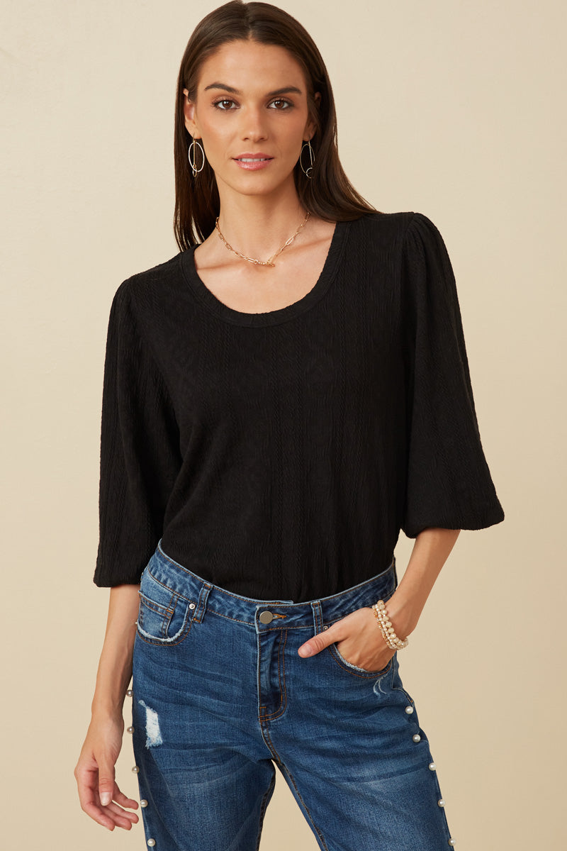 Cable Knit Textured Balloon Sleeve Knit Top