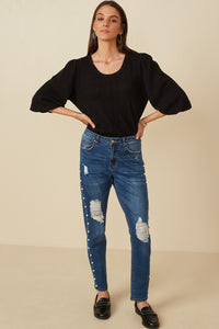 HY7526 Sage Womens Cable Knit Textured Balloon Sleeve Knit Top Gif