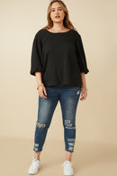 HY7526W Sage Plus Cable Knit Textured Balloon Sleeve Knit Top Gif